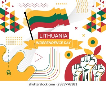 Lithuania national day banner with map, flag colors theme background and geometric abstract retro modern colorfull design with raised hands or fists.