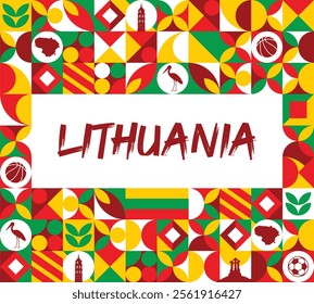 Lithuania national day banner with map, flag colors theme background and geometric abstract retro modern colorfull design