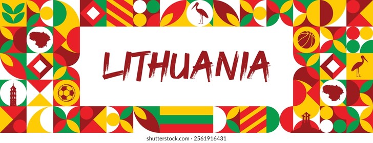 Lithuania national day banner with map, flag colors theme background and geometric abstract retro modern colorfull design