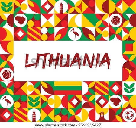 Lithuania national day banner with map, flag colors theme background and geometric abstract retro modern colorfull design
