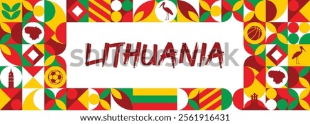 Lithuania national day banner with map, flag colors theme background and geometric abstract retro modern colorfull design