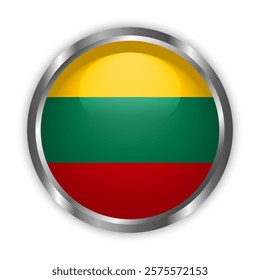 Lithuania national flag button with silver frame. Lithuania round badge icon. Vector illustration