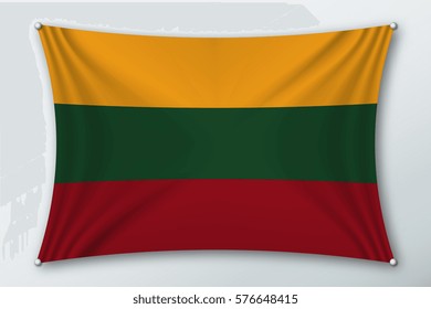 Lithuania national flag. Symbol of the country on a stretched fabric with waves attached with pins. Realistic vector illustration.