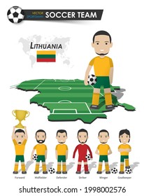Lithuania national soccer cup team . Football player with sports jersey stand on perspective field country map and world map . Set of footballer positions . Cartoon character flat design . Vector .
