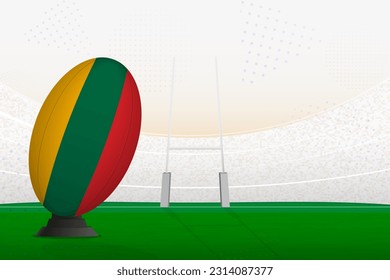 La selección nacional de Lituania de rugby en el estadio de rugby y en los puestos de gol, preparándose para un penal o patada libre. Ilustración vectorial.