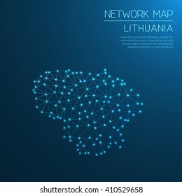 Lithuania network map. Abstract polygonal Lithuania network map design with glowing dots and lines. Map of Lithuania networks. Vector illustration.