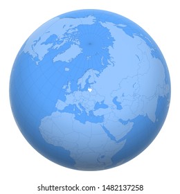 Lithuania on the globe. Earth centered at the location of the Republic of Lithuania. Map of Lithuania. Includes layer with capital cities.
