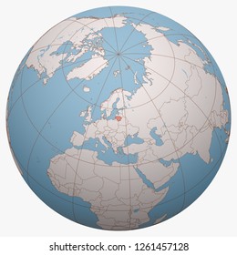 Lithuania on the globe. Earth hemisphere centered at the location of the Republic of Lithuania. Lithuania map.