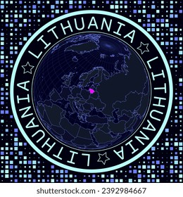 Lithuania on globe vector. Futuristic satelite view of the world centered to Lithuania. Geographical illustration with shape of country and squares background. Bright neon colors on dark background.