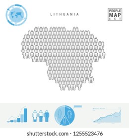 Lithuania People Icon Map. People Crowd in the Shape of a Map of Lithuania. Stylized Silhouette of Lithuania. Population Growth and Aging Infographic Elements. Vector Illustration Isolated on White.