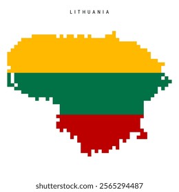 Lithuania pixel flag map icon. 8 bit pixel art Lithuanian map covered with flag. Flat vector illustration isolated on white background.