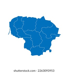 Lithuania political map of administrative divisions - counties. Solid blue blank vector map with white borders.
