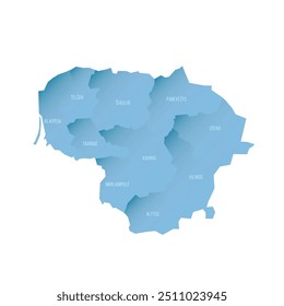Mapa político da Lituânia de divisões administrativas - condados. Mapa de vetor sombreado com gradiente azul semelhante a 3D e rótulos de nome