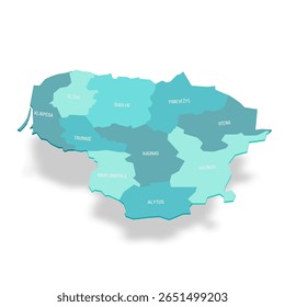 Mapa político da Lituânia de divisões administrativas - condados. Mapa de vetor turquesa 3D com rótulos de nome.