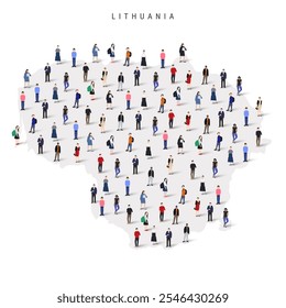 Mapa da população da Lituânia. Grande grupo de realista uma multidão diversificada de figuras de pessoas em uma forma de mapa lituano. Ilustração de vetor plano isolada em branco.