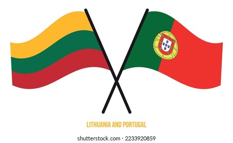 Lithuania and Portugal Flags Crossed And Waving Flat Style. Official Proportion. Correct Colors.