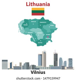 Lithuania regions map and flag. Vilnius city skyline. Vector illustration