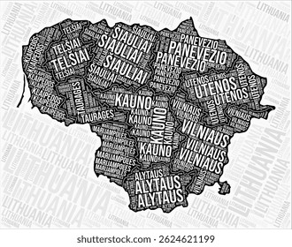 Lithuania regions map word cloud. Lithuania region names. Black and white map design. Creative vector illustration.