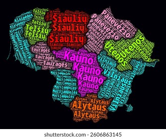 Lithuania Regions Word Clouds. Bright neon style design on dark background. Region names of the country in Lithuanian language. Country shape with administrative division. Amazing vector illustration.