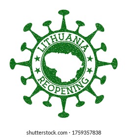 Lithuania Reopening Stamp. Green round badge of country with map of Lithuania. Country opening after lockdown. Vector illustration.
