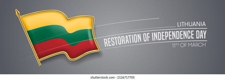 Restauración de Lituania de la bandera vectorial del día de la independencia, tarjeta de saludo. Bandera ondulada bosnia en el 11 de marzo fiesta patriótica diseño horizontal con insignia realista