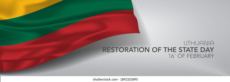 Lithuania restoration of the state day vector banner, greeting card. Lithuanian wavy flag in 16th of February national patriotic holiday horizontal design