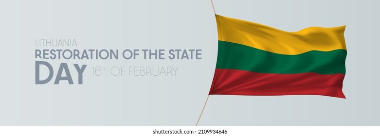 Lithuania restoration of the state day vector banner, greeting card. Lithuanian wavy flag in 16th of February national patriotic holiday horizontal design