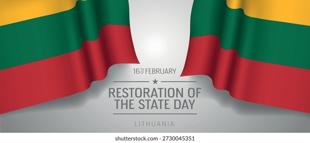 Lithuania restoration of the state day vector banner, greeting card. Lithuanian wavy flag in 16th of February national patriotic holiday horizontal design