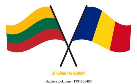 Lithuania and Romania Flags Crossed And Waving Flat Style. Official Proportion. Correct Colors.