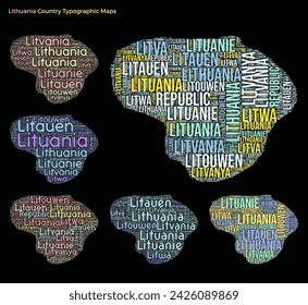 Lithuania. Set of typography style country illustrations. Lithuania map shape built of horizontal and vertical country names. Vector illustration.