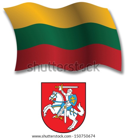 lithuania shadowed textured wavy flag and coat of arms against white background, vector art illustration, image contains transparency transparency