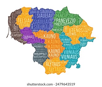 Lithuania shape. Country word cloud with region division. Lithuania colored illustration. Region names cloud. Vector illustration.