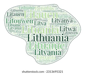 Litauen Form gefüllt mit Ländernamen in vielen Sprachen. Litauen hat eine Karte im Stil von WordCloud. Moderne Vektorgrafik.
