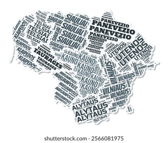 Lithuania shape text cloud. Country border with shadow on white background. Lithuania with regions division in vintage gazette style. Stylish vector illustration.