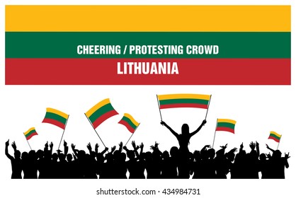 Lithuania silhouettes of cheering or protesting crowd of people with Lithuanian flags and banners.