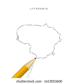 Lithuania sketch outline map isolated on white background. Empty hand drawn vector map of Lithuania. Realistic 3D pencil with soft shadow.