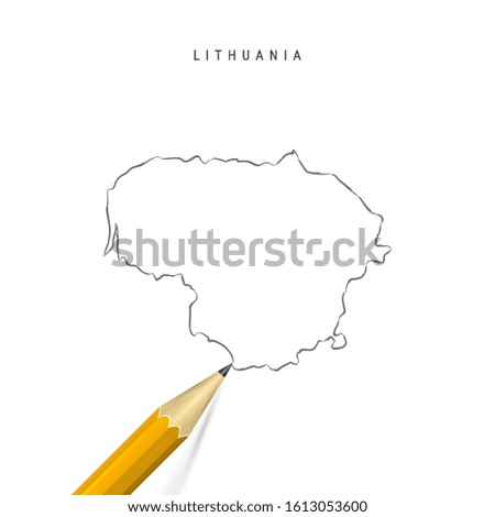 Lithuania sketch outline map isolated on white background. Empty hand drawn vector map of Lithuania. Realistic 3D pencil with soft shadow.