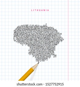 Lithuania sketch scribble map drawn on checkered school notebook paper background. Hand drawn vector map of Lithuania. Realistic 3D pencil.