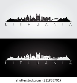 Lithuania skyline and landmarks silhouette, black and white design, vector illustration.