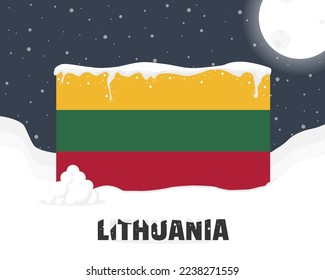 Lithuania snowy weather concept, cold weather and snowfall, Lithuania weather forecast winter banner idea, snow cap on flag with snowballs and moon, blizzard and adverse weather conditions