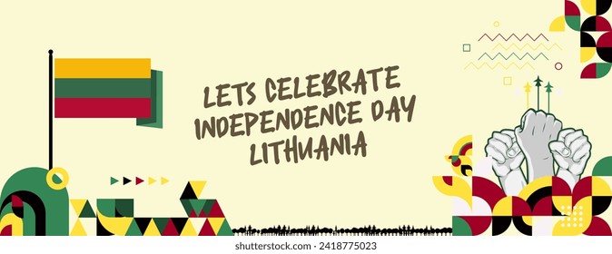 Lithuania Statehood Day banner in colorful modern geometric style. Happy national independence day greeting card cover with typography. Vector illustration for national holiday celebration party