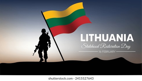 Lithuania Statehood Restoration Day 16 February standing solider with waving flag vector illustration