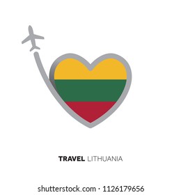 Lithuania travel concept. Heart shape flag with airplane