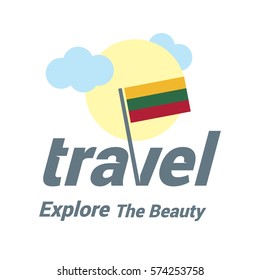 Lithuania Travel Country Flag Logo. Explore the The Beauty lettering with Sun and Clouds and creative waving flag. travel company logo design - vector illustration