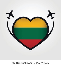 Lithuania Travel Heart Flag With Airplane Icons
