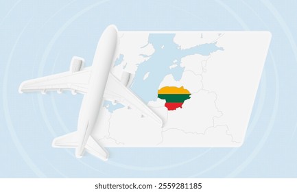 Lithuania Travel Illustration with Plane and National Flag. Ideal for travel agencies, promotional materials, or geographic content related to Lithuania.