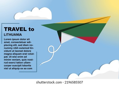 Lithuania travel vector banner with paper flag and text space, Lithuania country flag on paper plane, holiday and vacation concept, summer travel template and pattern, flight ticket idea