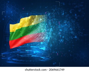 Lithuania, vector 3d flag on blue background with hud interfaces