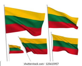 Lithuania vector flags set. 5 wavy 3D cloth pennants fluttering on the wind. EPS 8 created using gradient meshes isolated on white background. Five flagstaff design elements from world collection