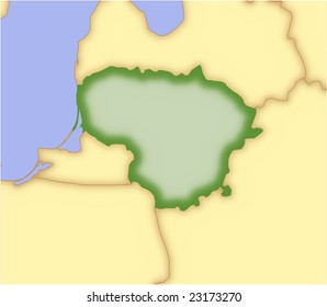 Lithuania, vector map, with borders of surrounding countries. 5 named layers, fully editable.